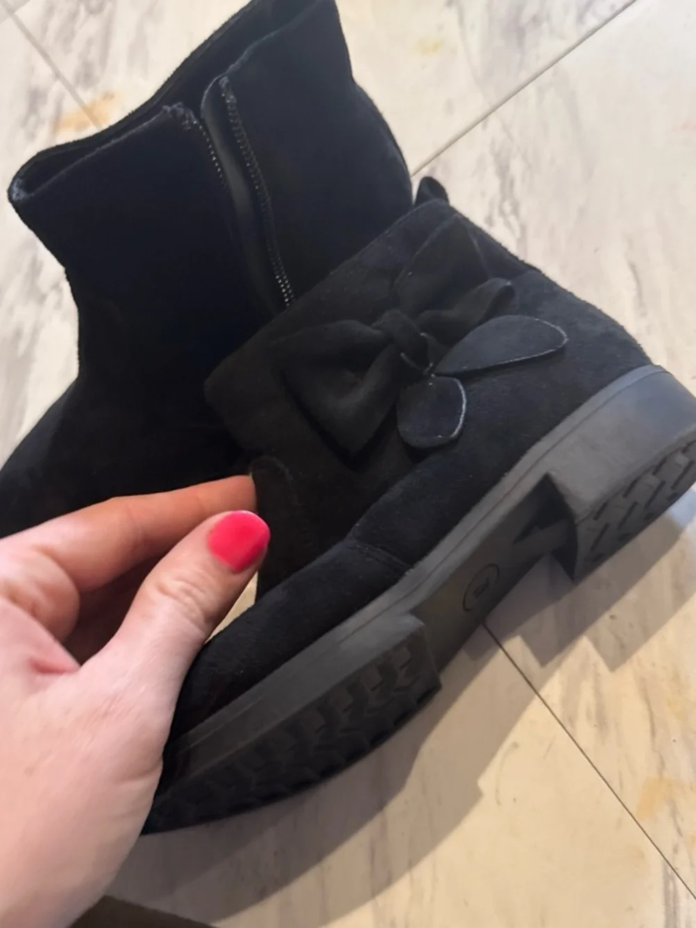 girls  Black Suede Ankle Boots with Bow Accent zip up size 12